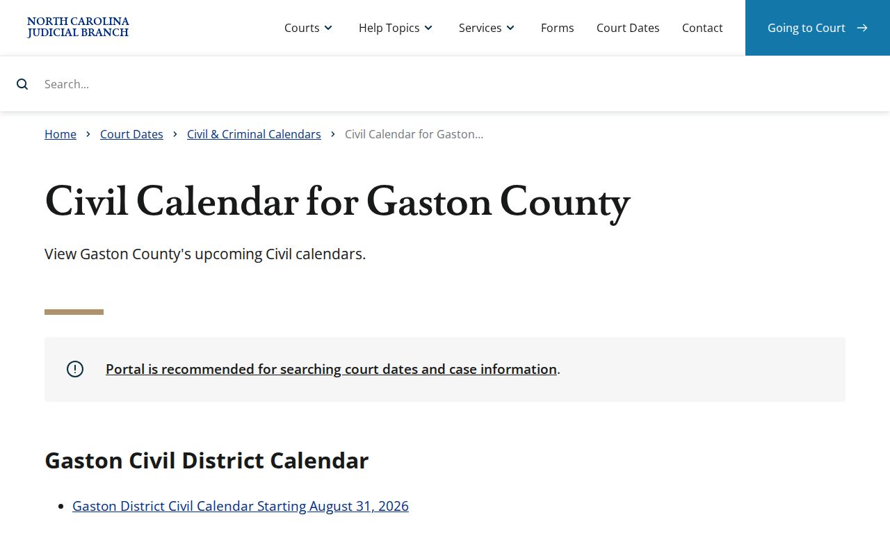 Gaston County civil docket calendar interface
