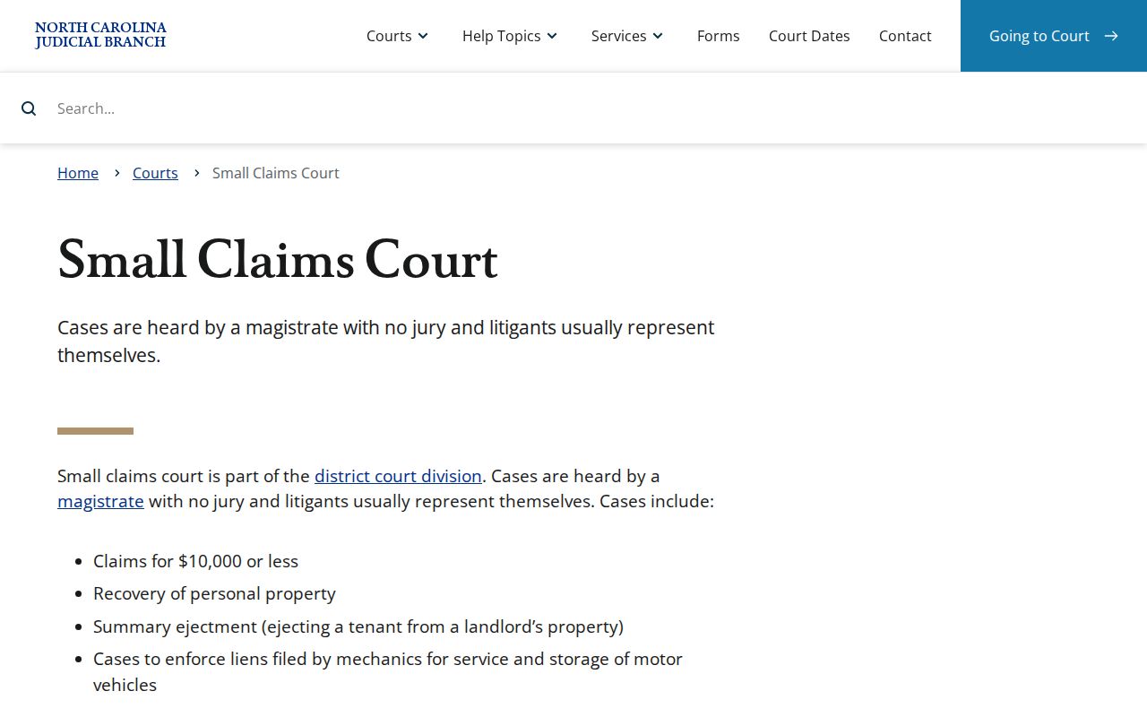 Gaston County civil docket Small Claims Court jurisdiction source