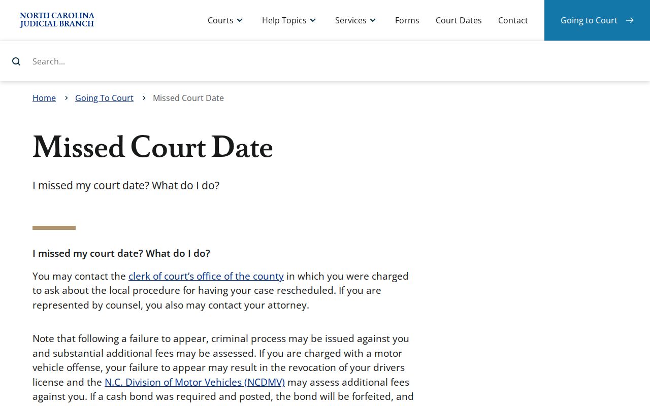 Gaston County court calendar missed court-date information