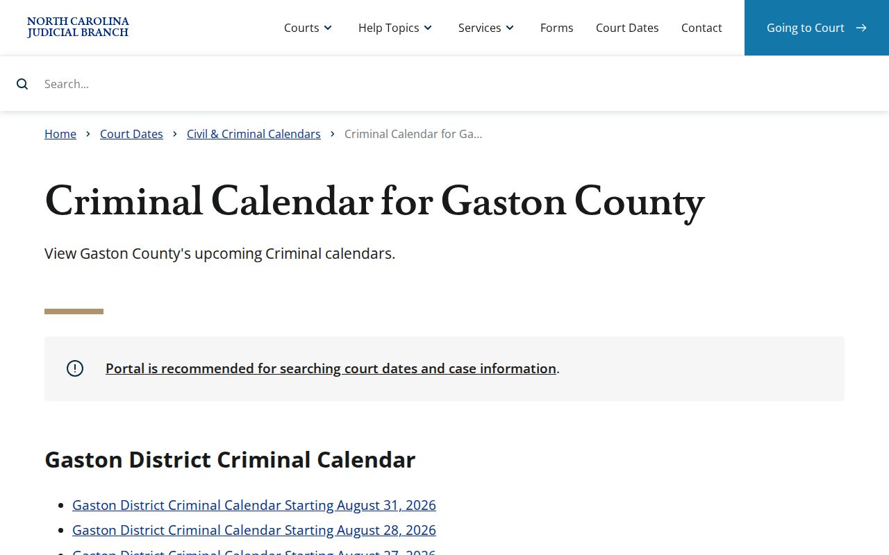 Gaston County criminal docket calendar interface
