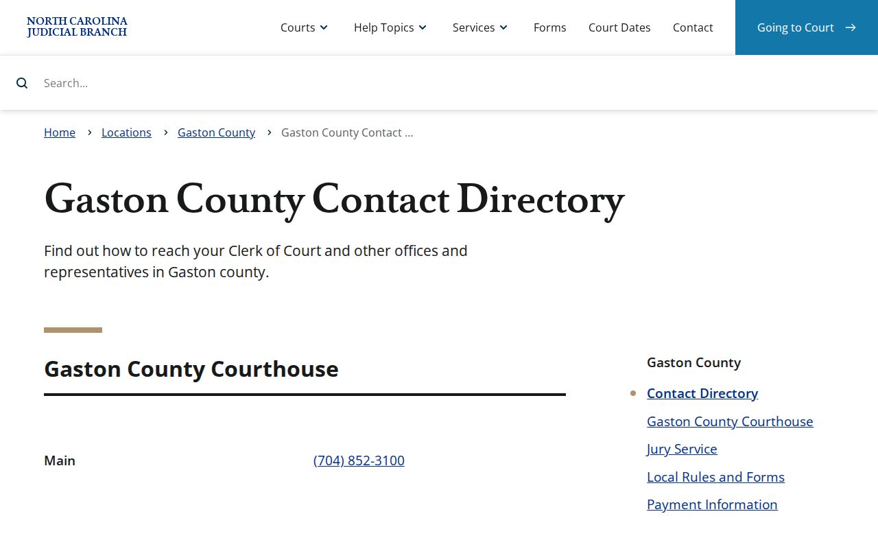 Gaston County court docket clerk contact directory